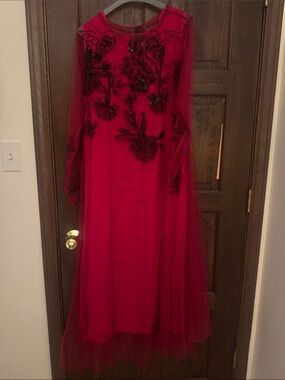 Lulusar Red Embroidered Mesh Evening Desi Dress